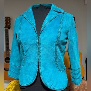 Teal Blue suede Women's Blazer, crochet detailing
